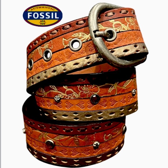 Vintage Fossil layered Tooled Leather bling Western Belt-Size Small - Picture 1 of 16
